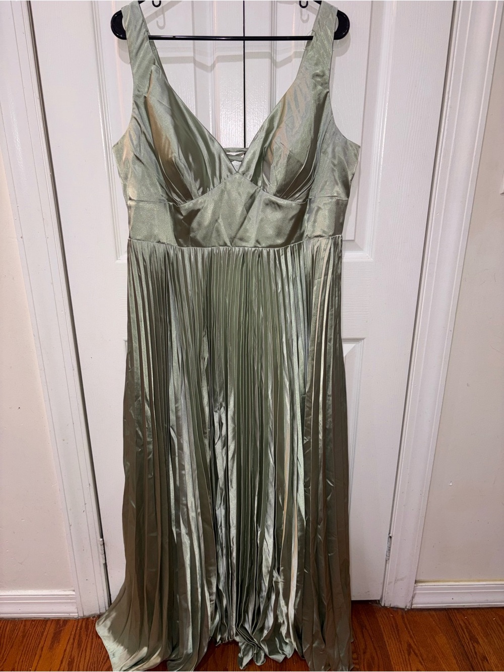 Satin Pleated Maxi Dress in Sage Green - Picture 2 of 3
